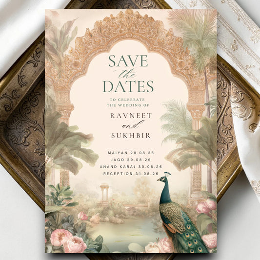 Luxury Indian wedding save the date template featuring peacock, ornate arch, and botanical elements in soft neutral and green tones