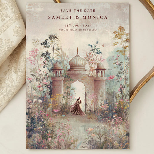 indian wedding save the date card watercolour design