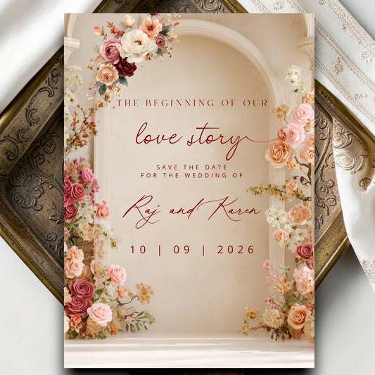 Romantic floral wedding save the date template with blush and peach flowers for Indian and Sikh wedding digital invitation