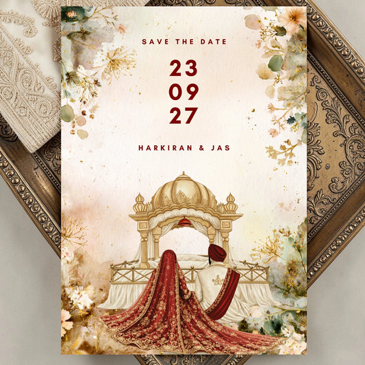 Elegant Indian wedding save the date with Sikh bride & groom illustration, floral watercolour design and gold accents. Perfect for Punjabi weddings.