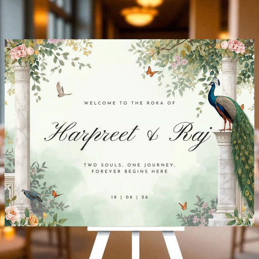 Luxury Peacock & Floral Welcome Sign | Roka, Engagement & Wedding Decor, Digital