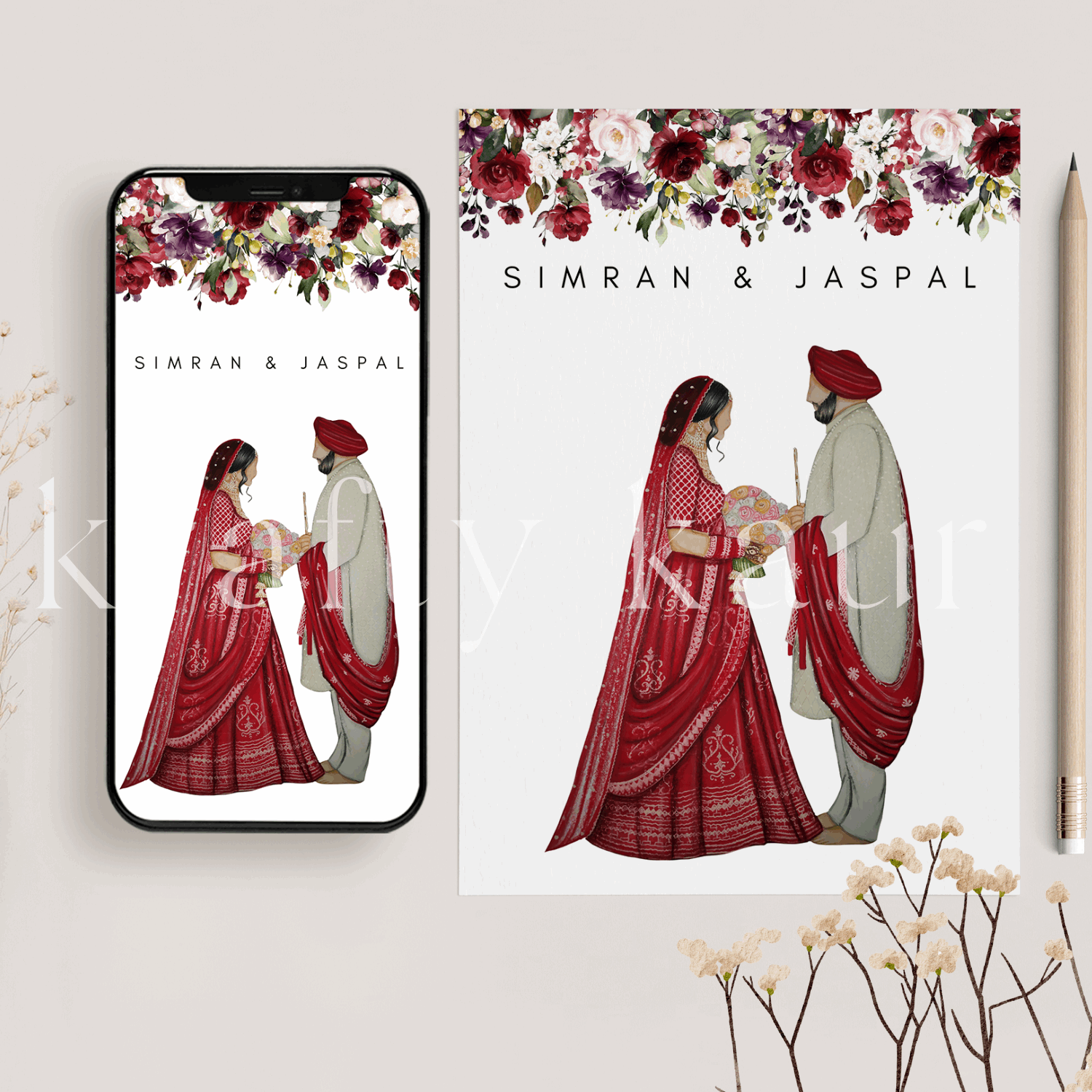 Sikh Digital Wedding Invitation on Mobile and Printed with an illustration