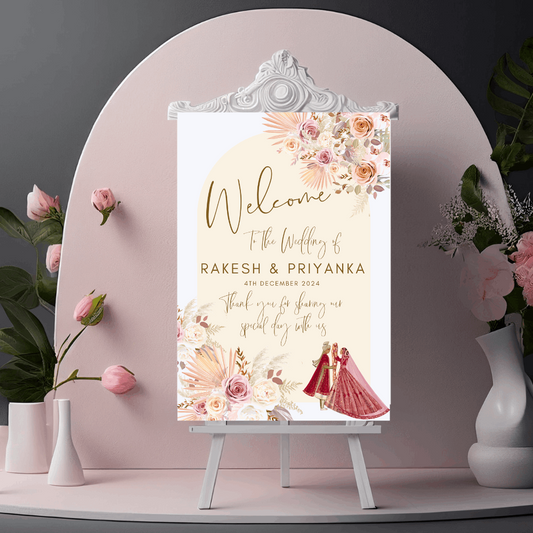 Indian Wedding Welcome Sign | Couple Illustrated | Personalised | Printed