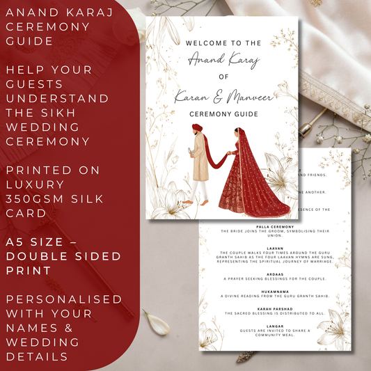 Anand Karaj Ceremony Guide | Sikh Wedding Program | A5 Double-Sided Silk Card Wedding Order of Service