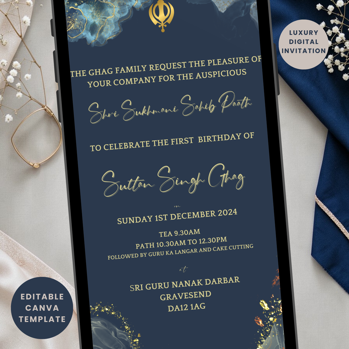 Sukhmani Sahib Invitation Template | Editable Canva Sikh Paath Invite | Digital WhatsApp Invitation