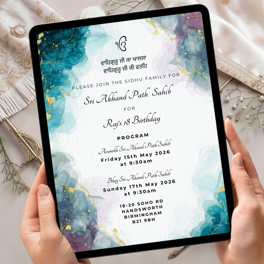 Akhand Paath Invitation Template | Sikh Religious Invite | Punjabi Path Sahib Invite | WhatsApp Digital Invite | Teal Gold Marble Design