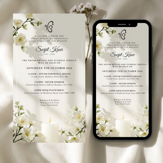 Elegant Sikh Funeral service invitation card with white flowers and candles on a light background, displayed on a digital phone screen. Ik Onkar symbol.