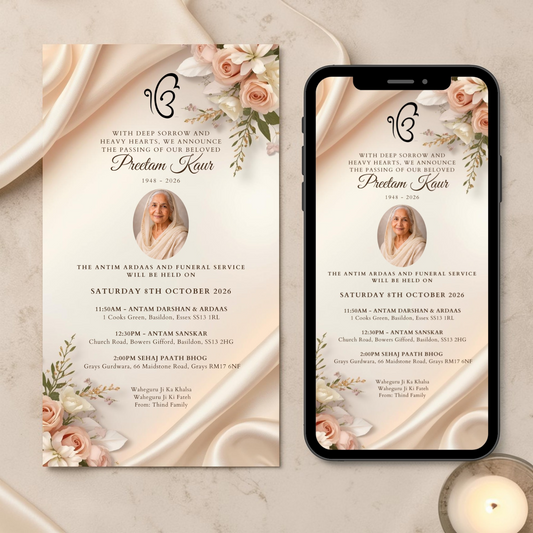 Sikh Funeral service announcement card with floral design on a marble surface. Whatsapp mobile invitation. 