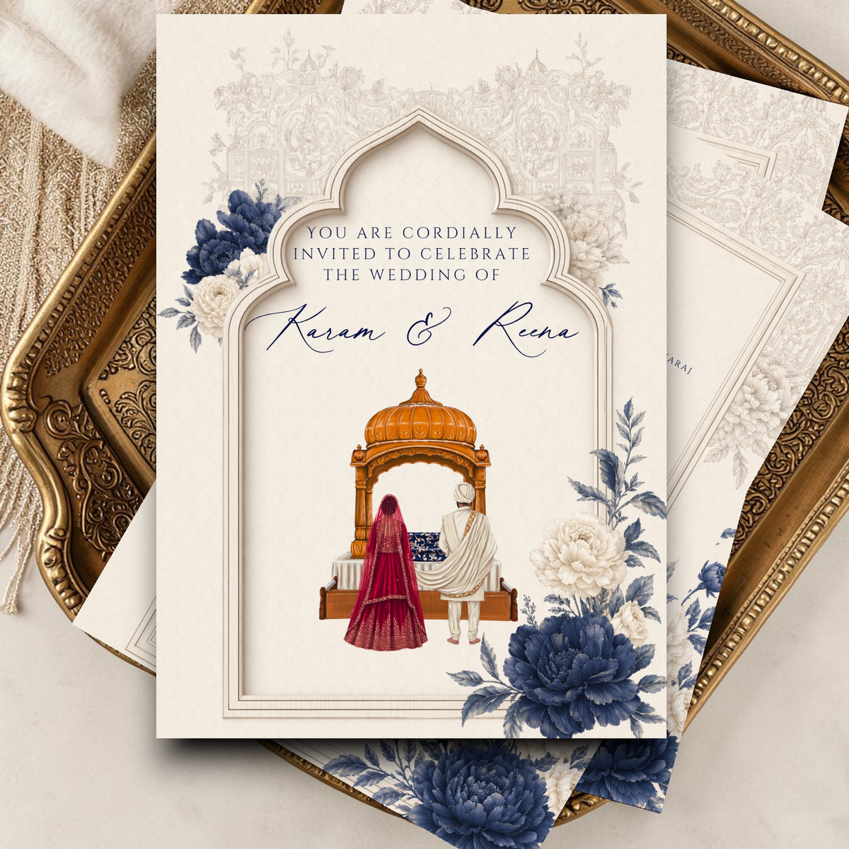 Sikh wedding invitation cover with palki sahib illustrated couple Mughal arch and navy ivory peonies on brass tray — premium Canva template A5 printable digital download