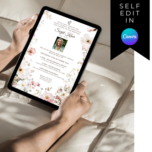 Person holding a tablet with a funeral  sikhinvitation on screen, sitting on a bed.