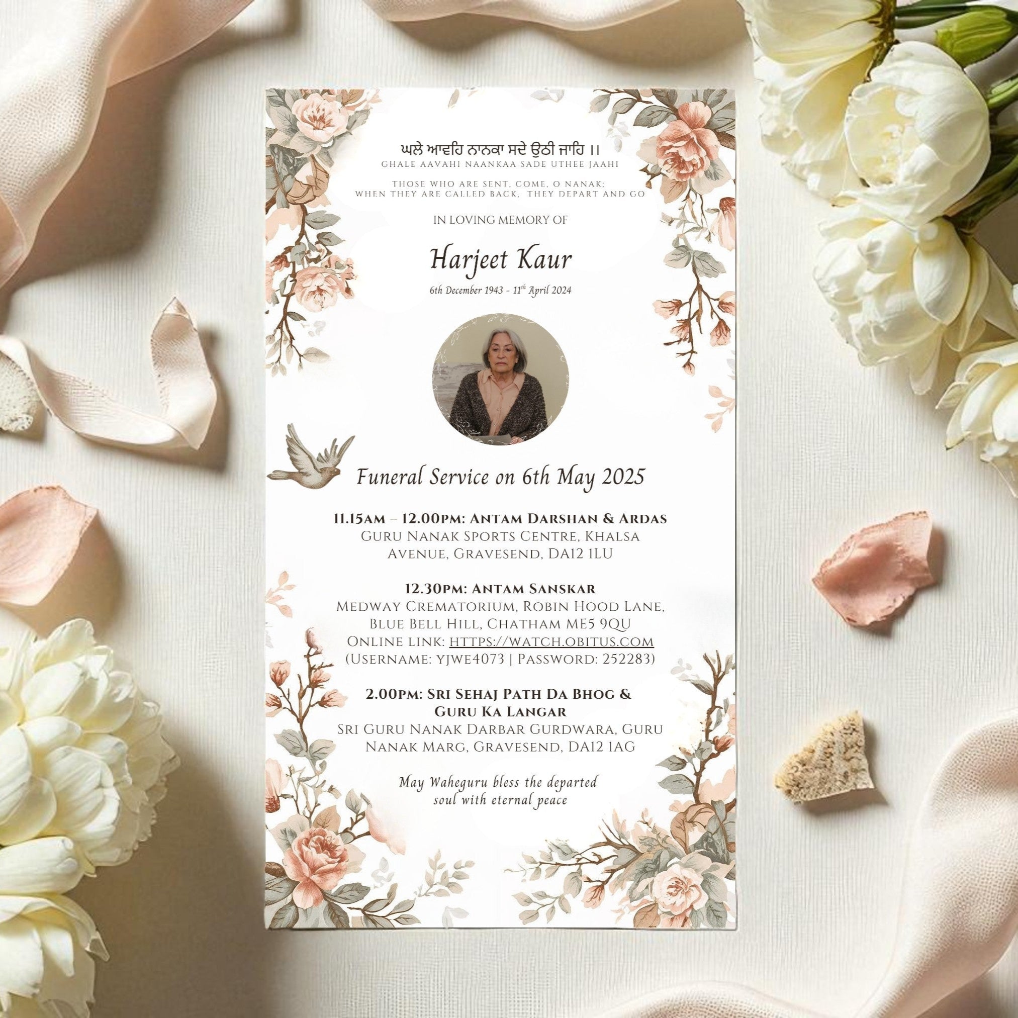 Funeral service invitation card with floral design on a white background with flowers and ribbons.