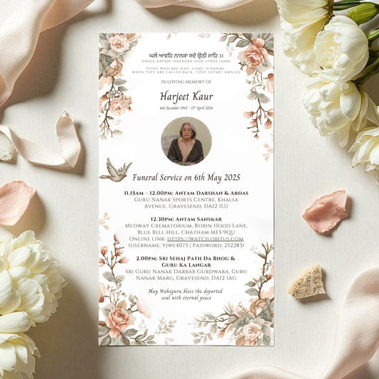 Funeral service invitation card with floral design on a white background with flowers and ribbons.