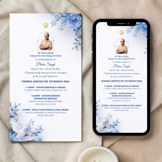Sikh Funeral service invitation card with blue floral design on a beige surface.