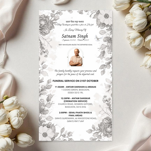  Punjabi Funeral service program with floral design on a light background with flowers
