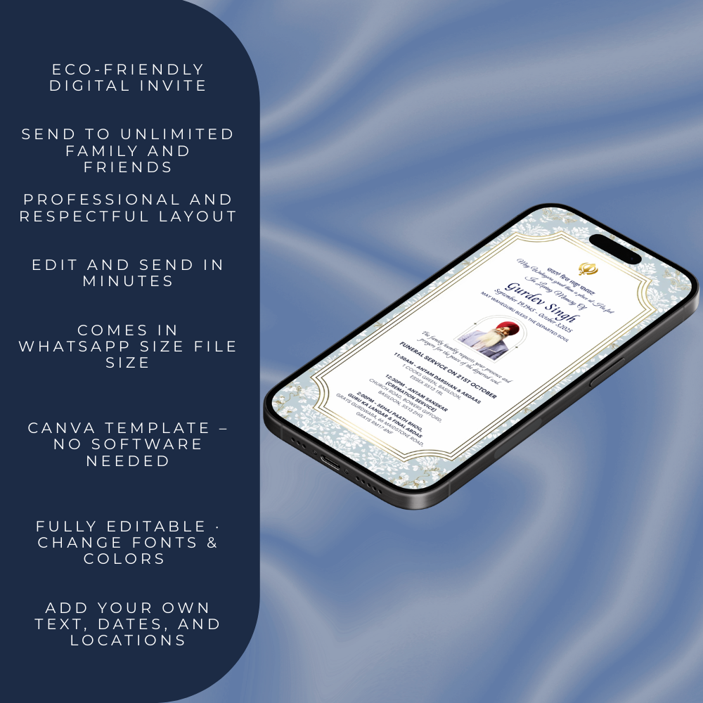 Phone displaying an eco-friendly digital sikh funeral invite with text on a blue fabric background