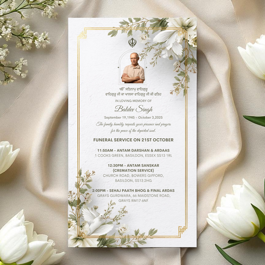 Siokh Funeral service program with floral design on a beige fabric background with white flowers.