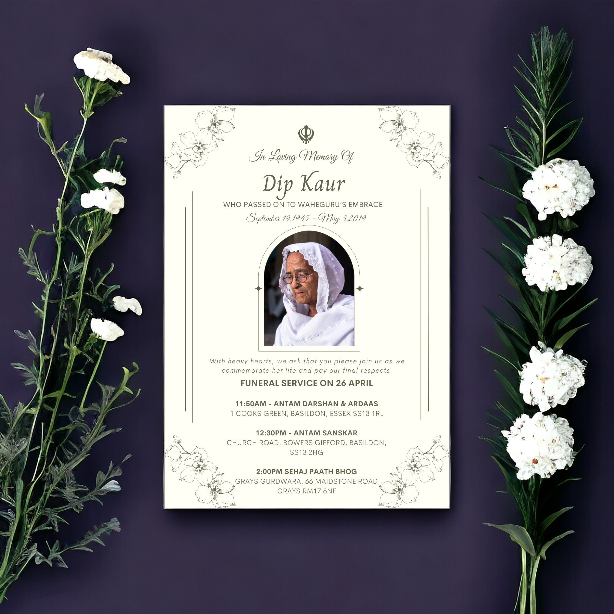 Sikh Funeral Notice Digital Invitation