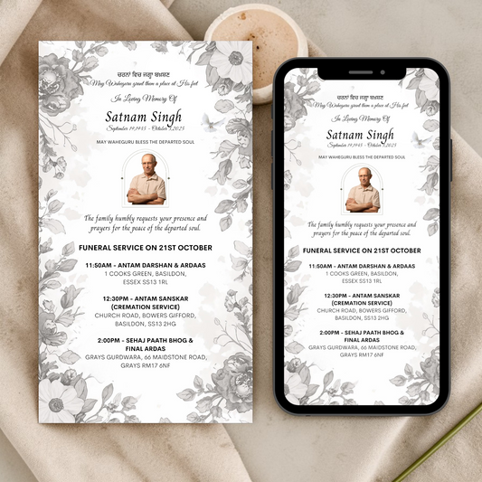 Sikh Funeral service details card with floral design on a phone screen and physical card.