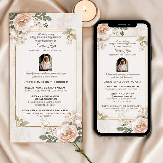 Sikh Funeral service invitation card with floral design on a soft fabric background