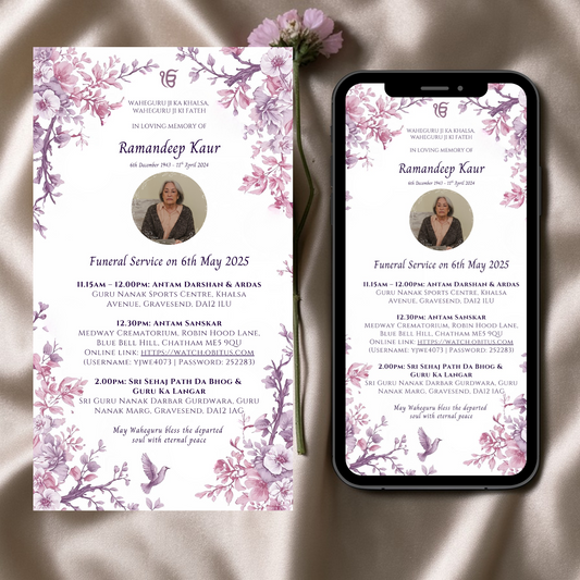 SIkh Funeral service program with floral design on a textured surface. Digital Invitation Punjabi funeral.