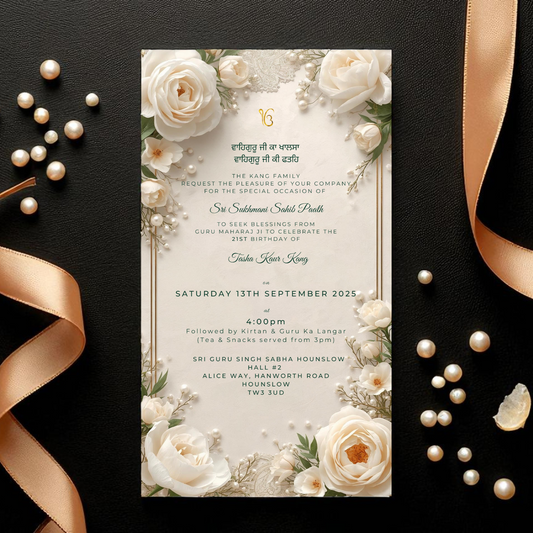Sukhmani Sahib: Elegant Florals with Pearl and Lace Detail