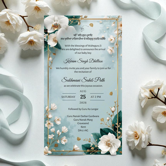 Personalised Sikh Baby Announcement | Blue & White Floral Paath Invitation