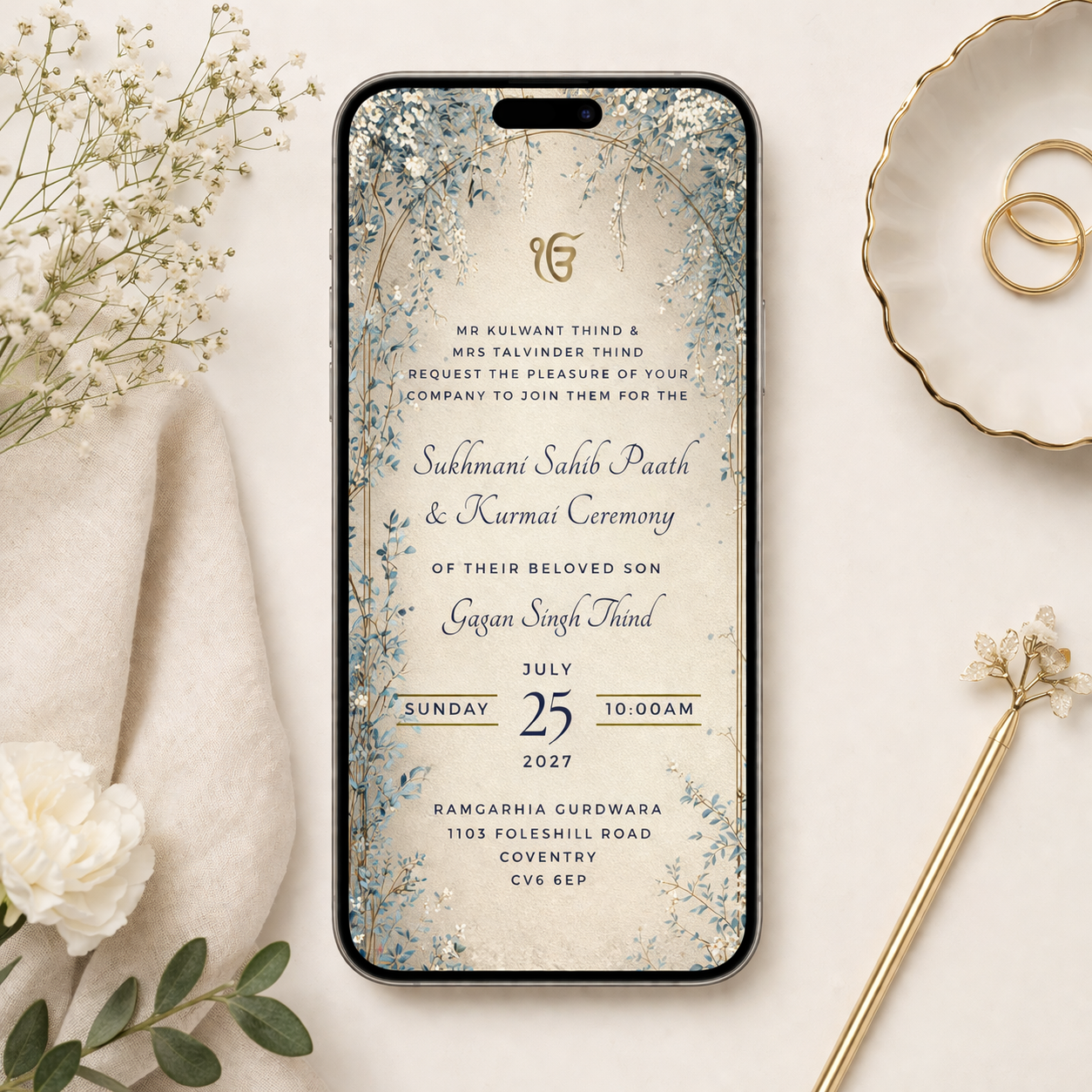 Kurmai ceremony invitation displayed on iPhone screen showing WhatsApp-ready digital format for Sukhmani Sahib Paath event