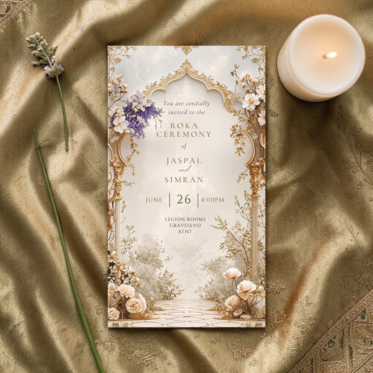Sikh Roka ceremony invitation template editable in Canva with gold arch design