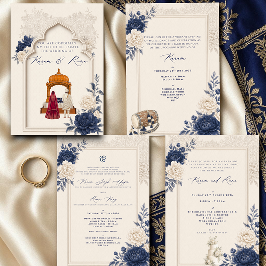Sikh Wedding Invitation Suite | Navy Ivory Palki Sahib Couple Illustration | Anand Karaj Jago Maiyan Reception | Editable Canva Template A5