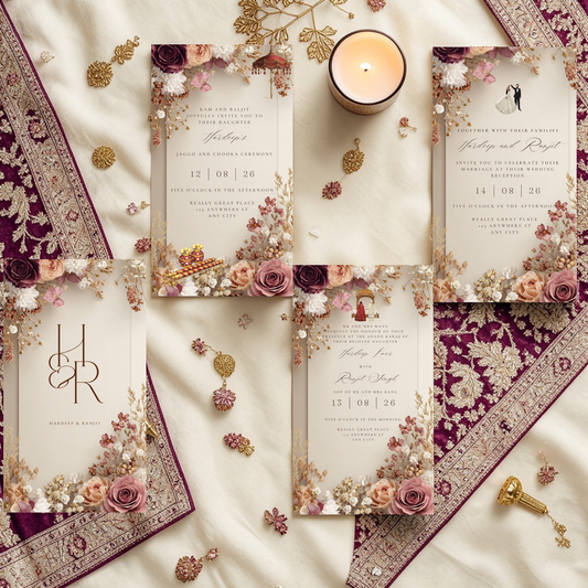 Sikh wedding invitation template set, burgundy floral Anand Karaj, Jaggo and wedding reception editable Canva bundle