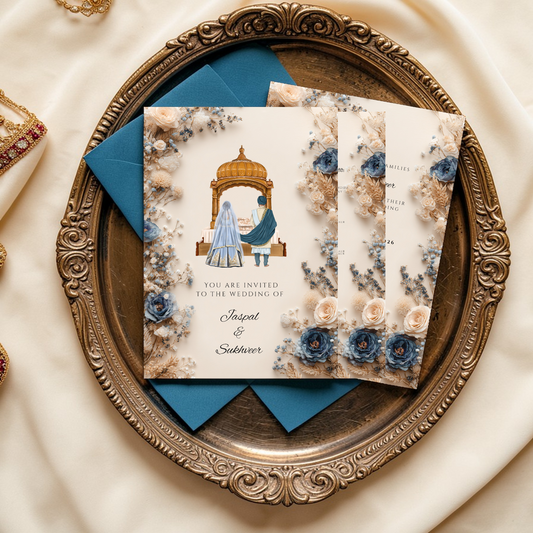 Sikh wedding invitation template with blue and cream floral design, editable Canva digital invite for Anand Karaj and reception