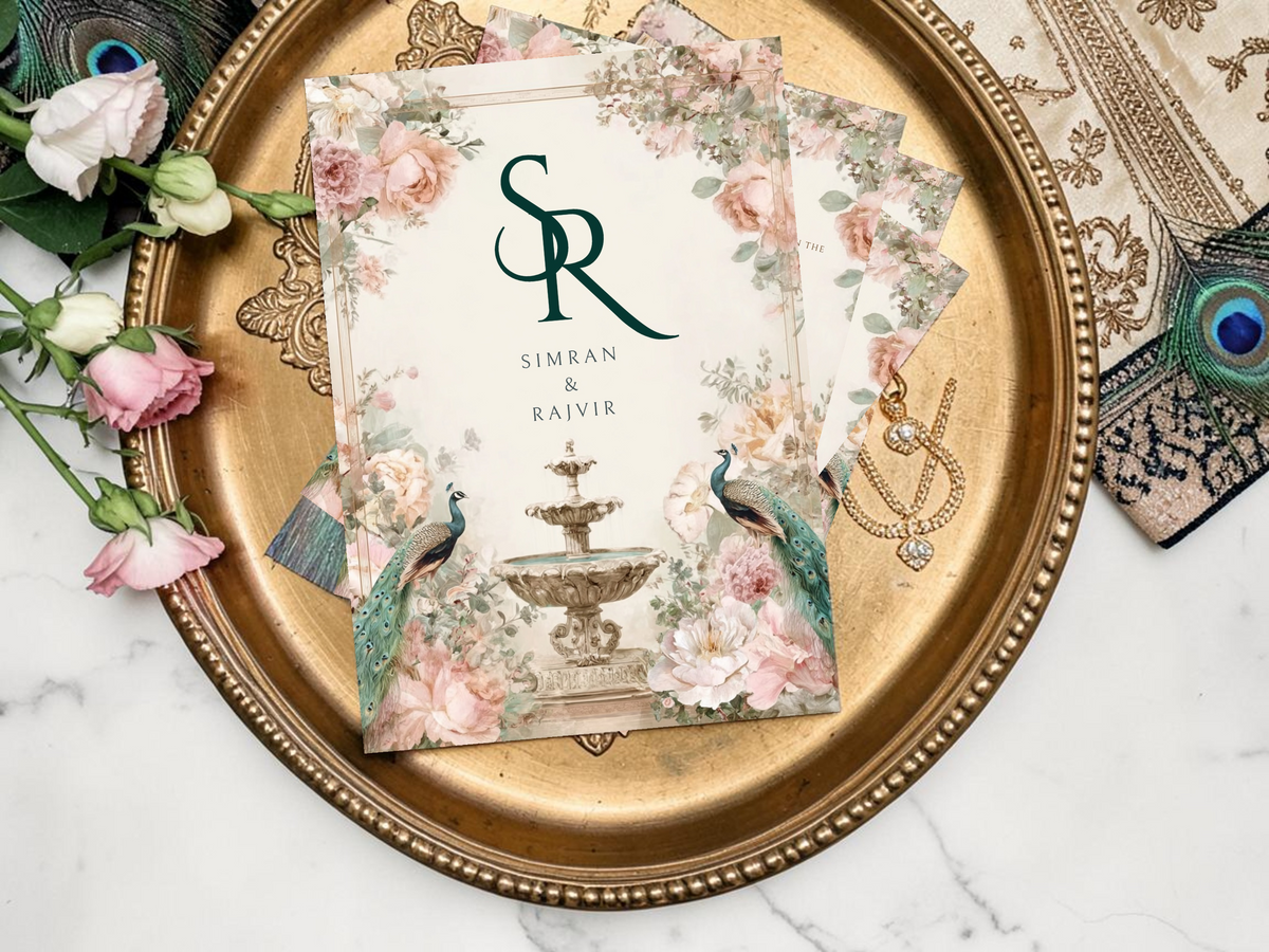 Five-card peacock Sikh wedding invitation suite laid flat on cream satin, showing Anand Karaj, Maiyan, Jago and Reception cards with blush floral design