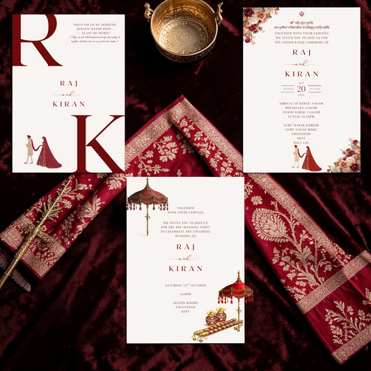 Sikh wedding invitation template bundle in burgundy and blush floral design, editable Canva invites for Anand Karaj, Jaggo and reception