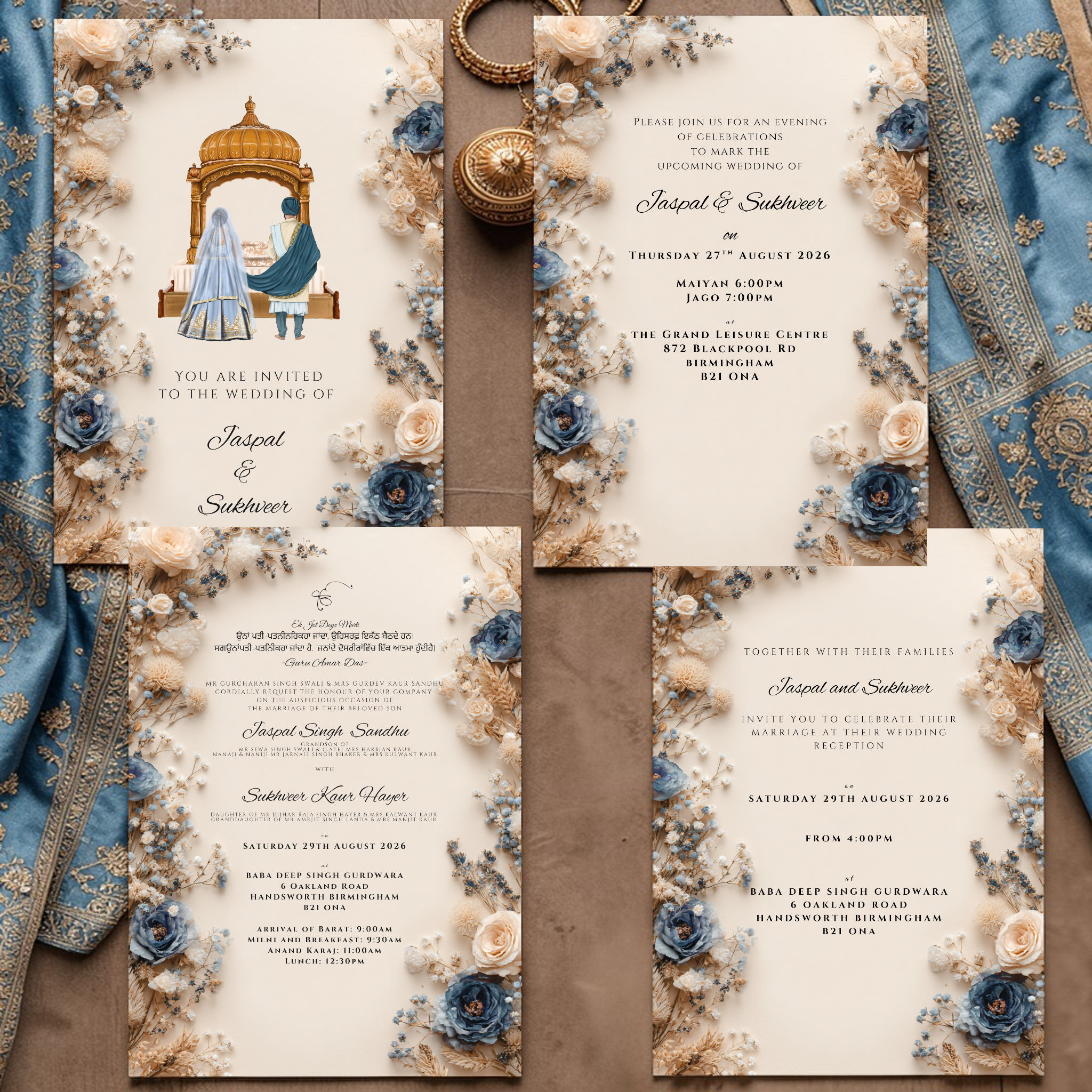 Sikh wedding invitation template bundle, blue floral Anand Karaj, Maiyan, Jaggo and reception editable Canva invites