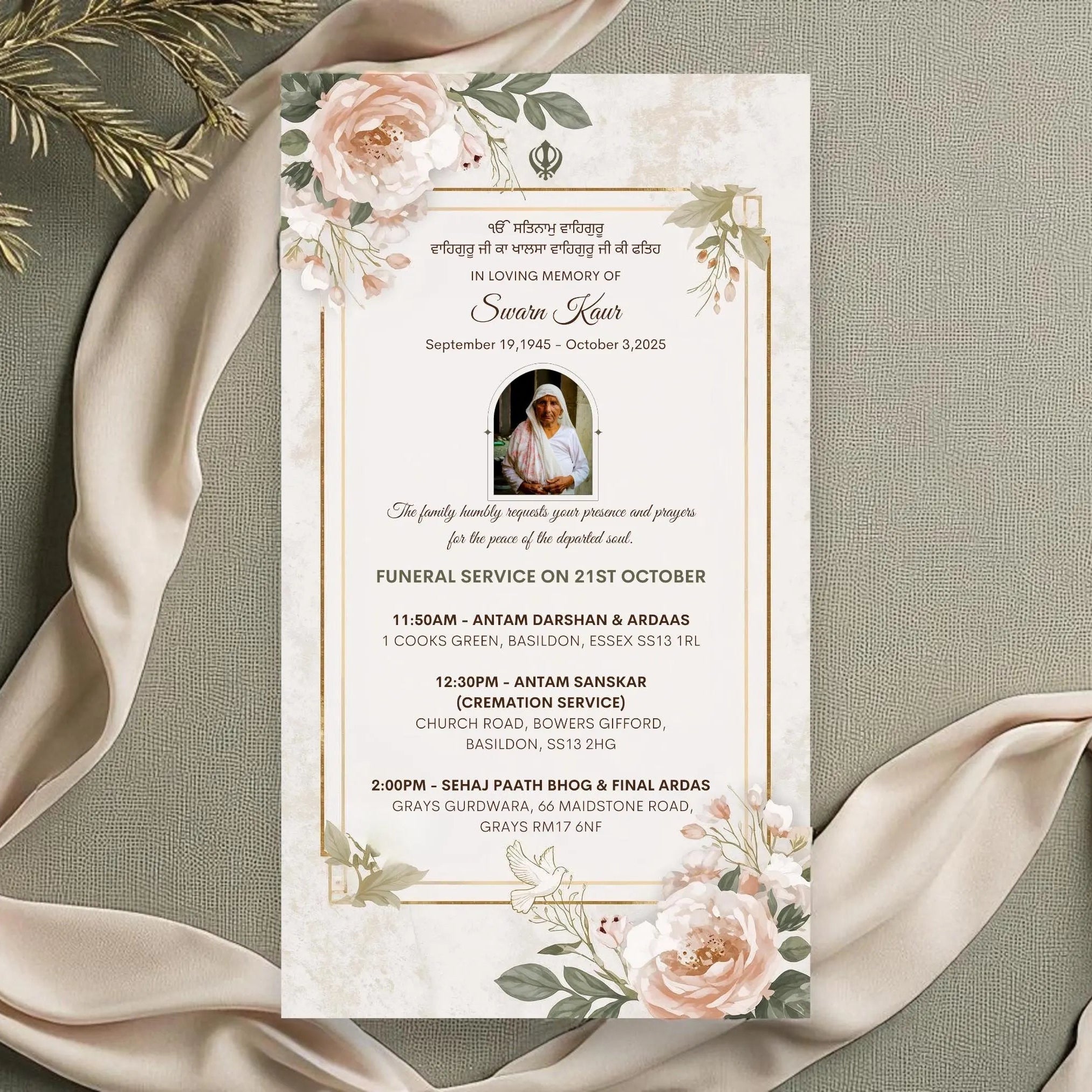 Floral Sikh funeral invitation order of service template
