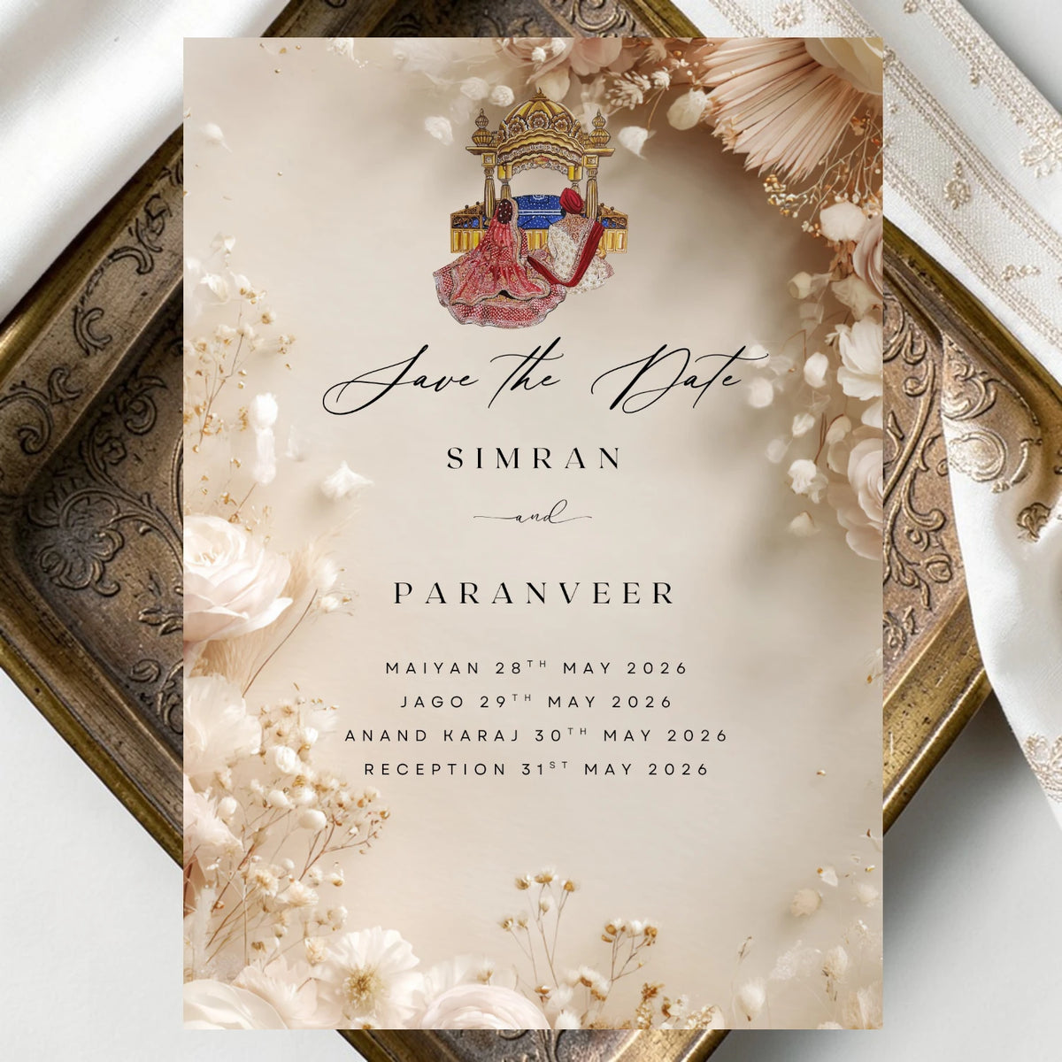 Sikh wedding save the date template Canva editable beige floral Punjabi digital invite