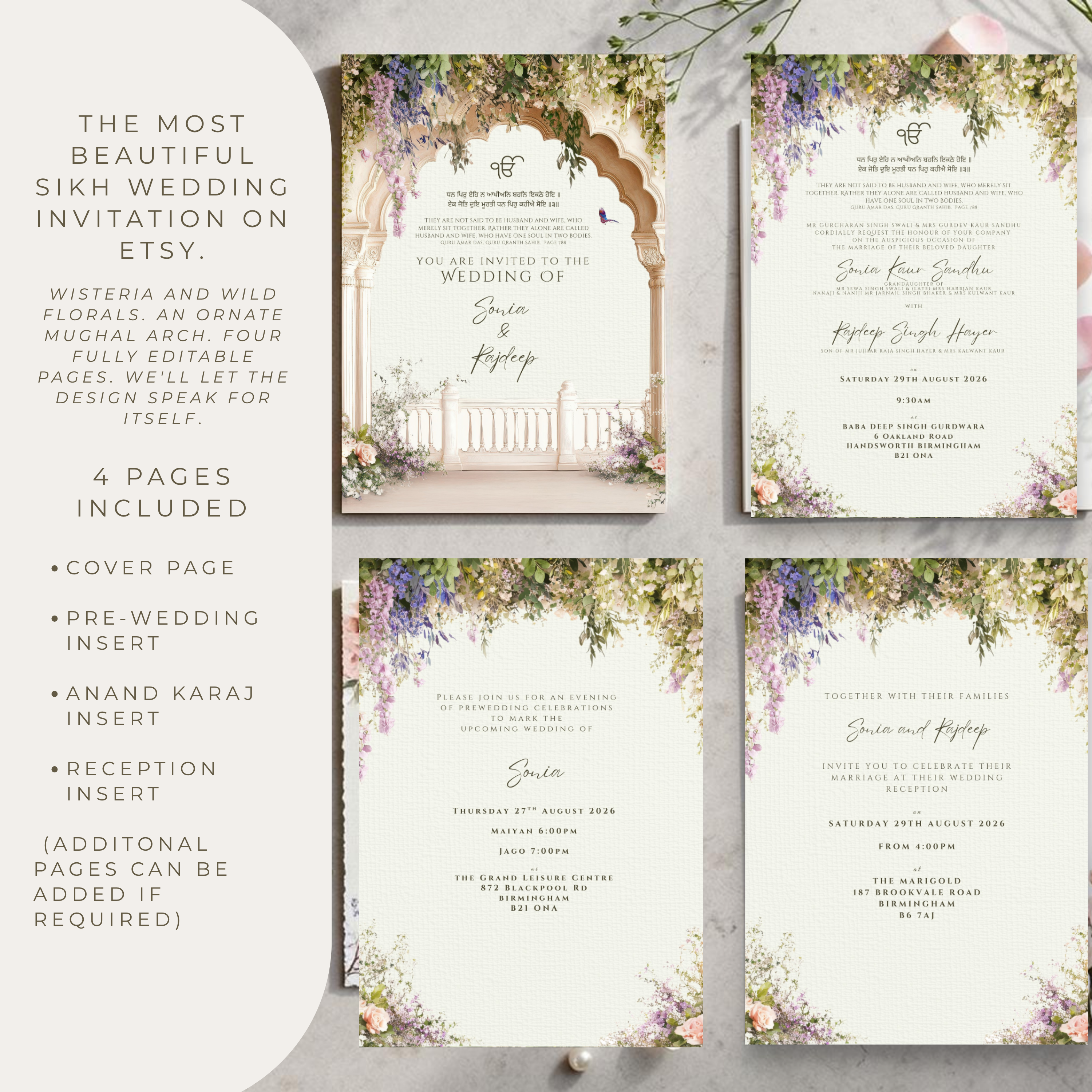 All four pages of a digital Sikh wedding invitation suite displayed in a grid showing cover page, Anand Karaj insert, Jago and Maiyan pre-wedding insert and evening reception insert with wisteria floral design, fully editable in Canva by Krafty Kaur