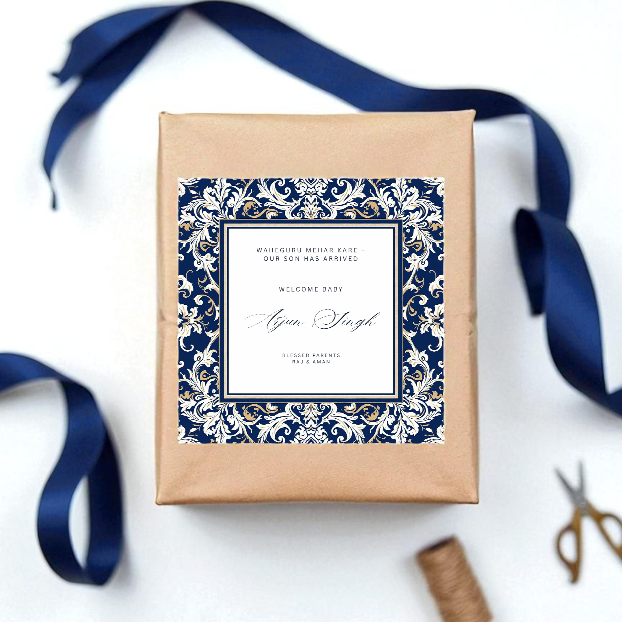New Baby BBlue damask Sikh birth announcement sweet mithai sticker and tag