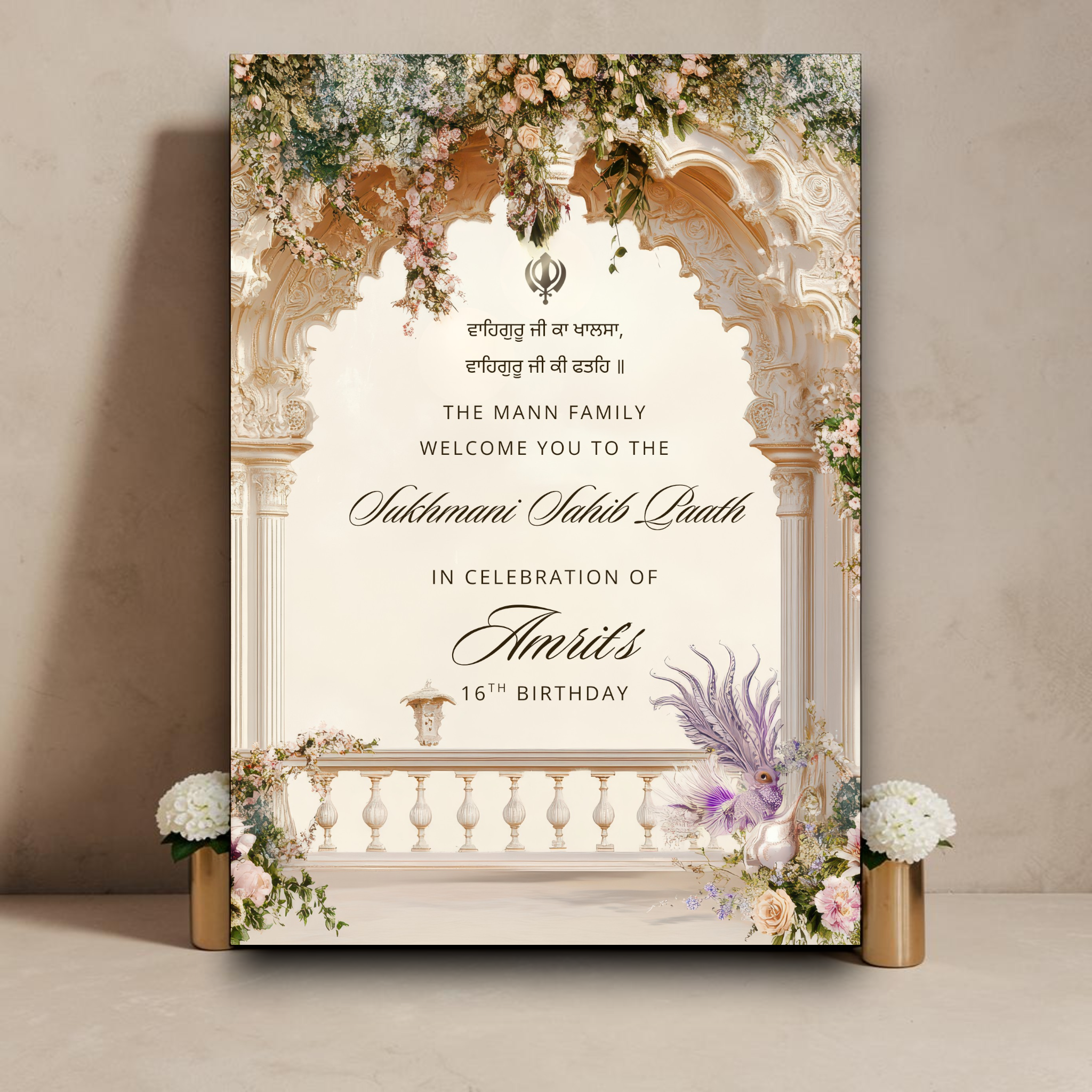 Personalised Sukhmani Sahib Paath welcome sign printed on 3mm foamex. Grand cream floral arch with Khanda symbol, Waheguru Ji Ka Khalsa greeting in Gurmukhi, custom family name, occasion title in script, honouree's name and birthday milestone. Blush roses, purple peacock feather detail. A1 or A2. By Krafty Kaur.