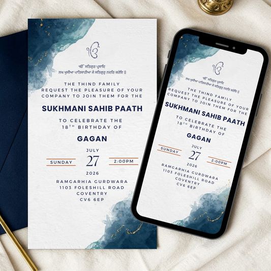 Sukhmani Sahib Paath invitation card with blue watercolour design and Ek Onkar symbol, Sikh religious ceremony digital invite
