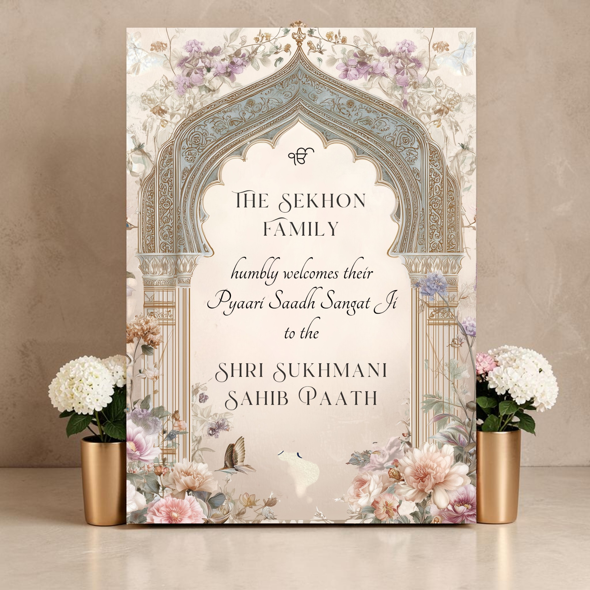 Personalised Shri Sukhmani Sahib Paath welcome sign on 3mm foamex featuring Ik Onkar symbol, family name, Pyaari Saadh Sangat Ji wording, ornate vintage teal and gold Mughal arch with blush peonies mauve and lavender florals and butterfly detail on cream background