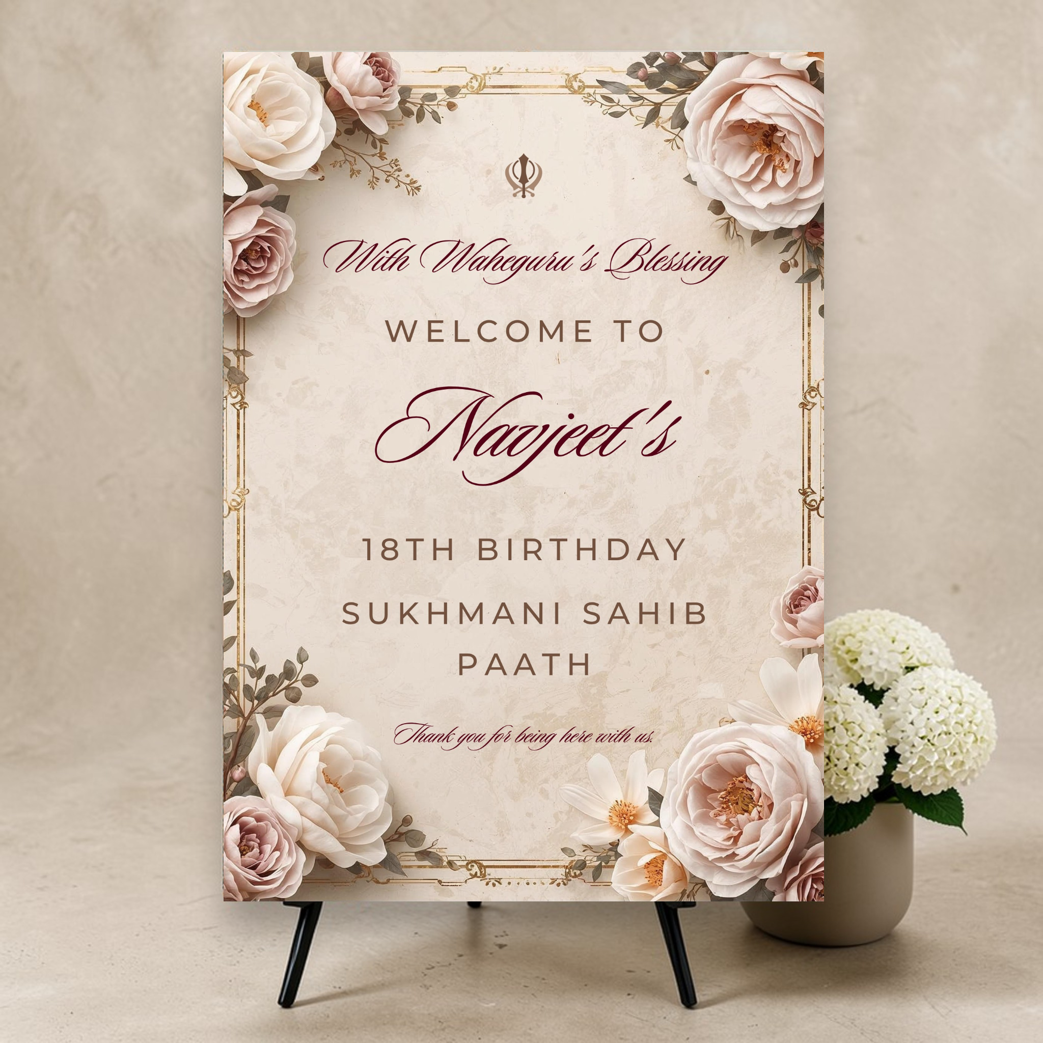 Personalised Sukhmani Sahib Paath welcome sign printed on 3mm foamex. Vintage parchment background with gold border, Khanda symbol, blush and dusty pink roses, With Waheguru's Blessing text, custom honouree name in script, birthday milestone and Thank You for Being Here. A1 or A2. By Krafty Kaur.