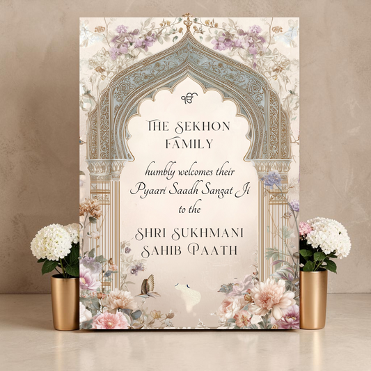 Personalised Shri Sukhmani Sahib Paath welcome sign on 3mm foamex featuring Ik Onkar symbol, family name, Pyaari Saadh Sangat Ji wording, ornate vintage teal and gold Mughal arch with blush peonies mauve and lavender florals and butterfly detail on cream background