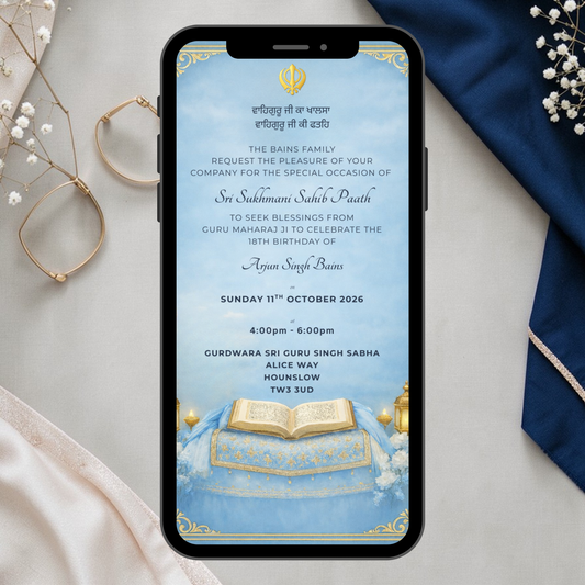 Sukhmani Sahib Paath Invitation | Sikh Blue Digital Invite | Gurdwara Ceremony Invite | Punjabi Religious Invitation