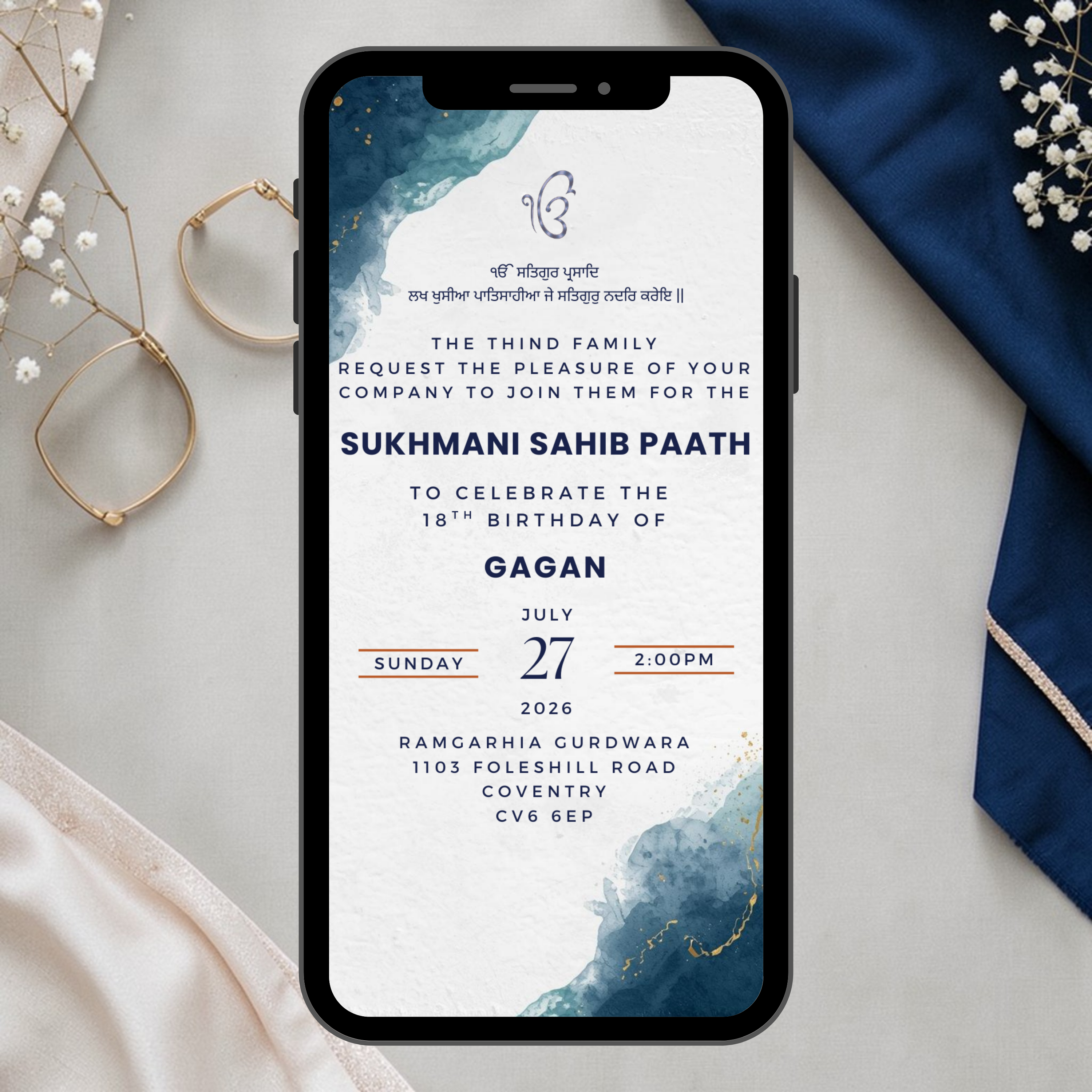 Navy Sukhmani Sahib Invitation 18th Birthday Gurdwara Event, Digital on Phone Modern Design with Marble and Gold