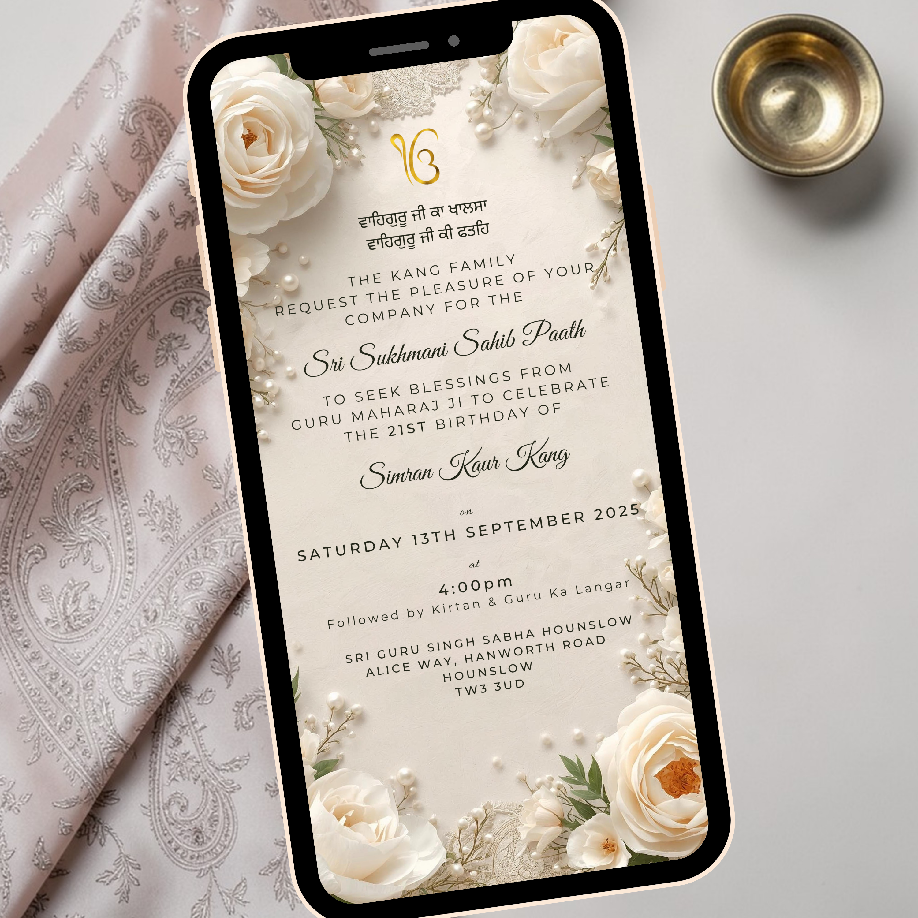 Sukhmani Sahib Invitation Pearl and Lace Modern Digital Invite