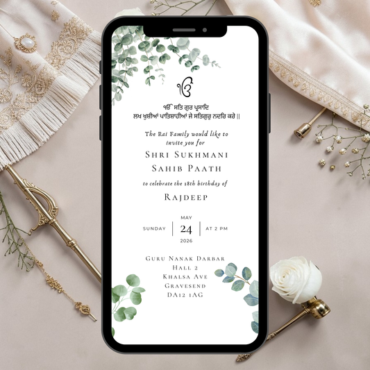Sukhmani Sahib invitation template with eucalyptus greenery Sikh paath Canva digital invite