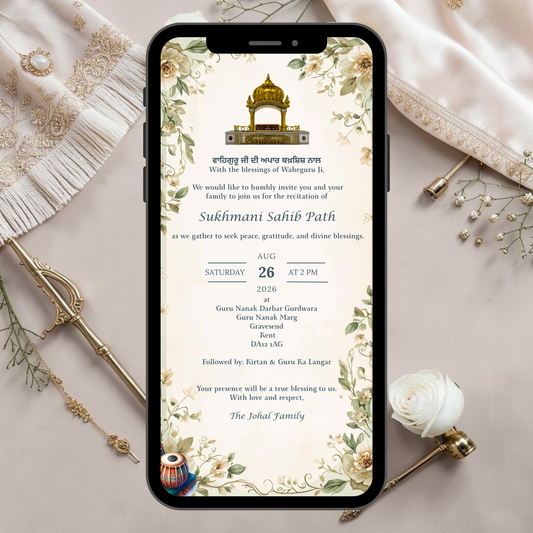 Floral Sukhmani Sahib paath invitation digital WhatsApp invite