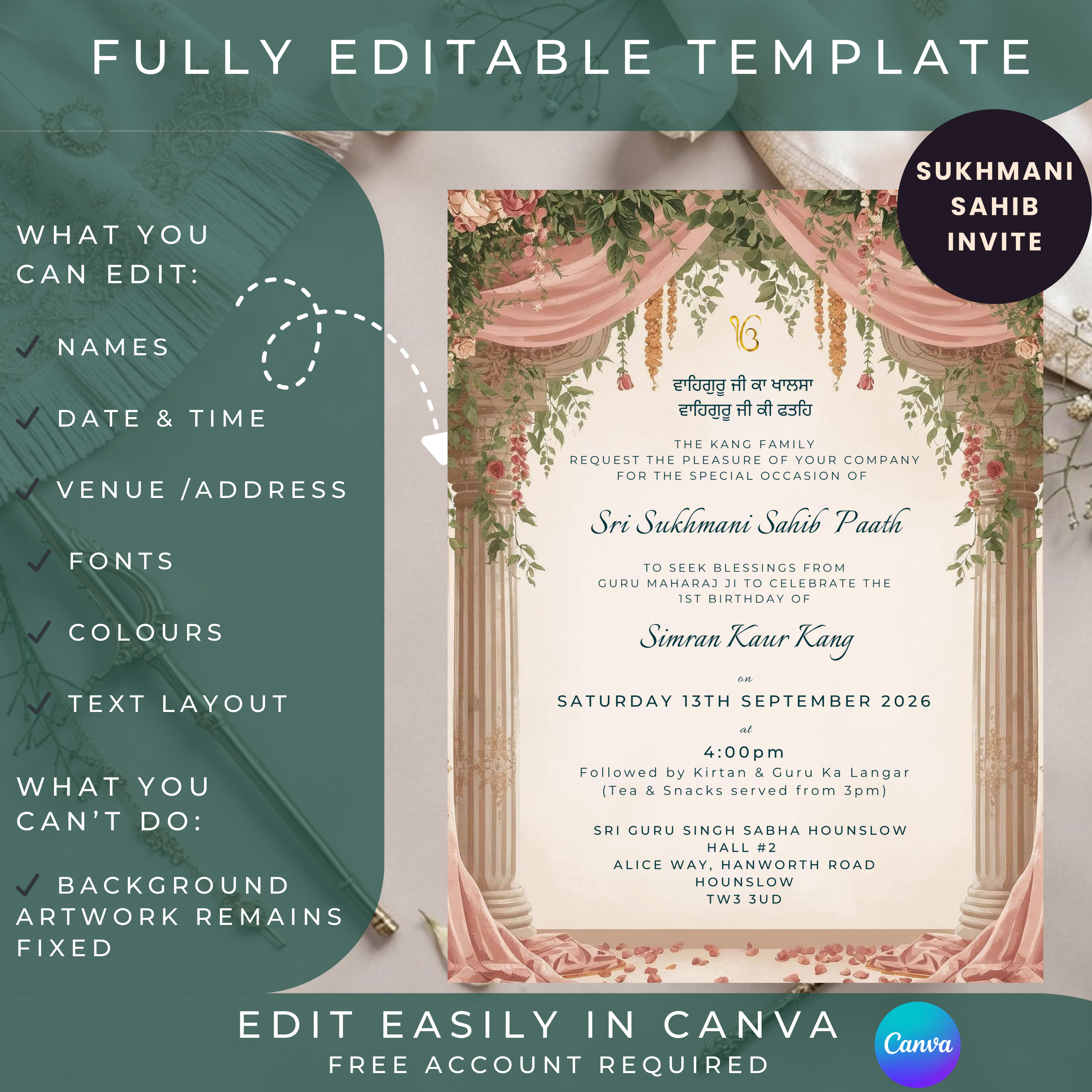 Sukhmani Sahib Modern Invite Birthday 1st