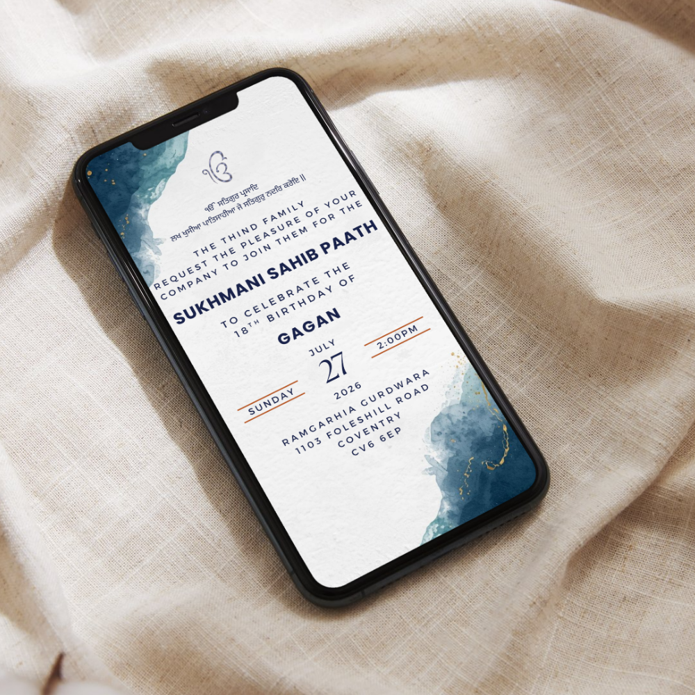 Blue watercolour Sukhmani Sahib Paath digital invitation with Ek Onkar symbol for Sikh religious event